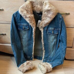 Sheri Bodell Rabbit fur stretch denim jacket NWT size small Y2K